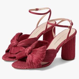 Loeffler Randall Camellia Pleated Bow Heel with Ankle Strap ,Size 8,burgundy.